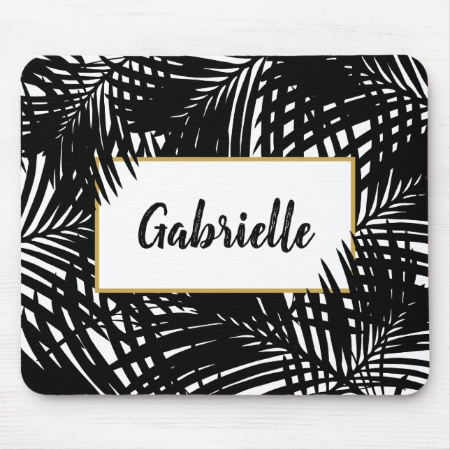 Tropical Leaves Modern Black and White Mouse Pad (Front)