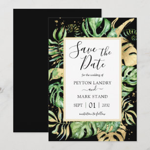 Tropical Leaves Modern Black & Gold Frame Save The Date
