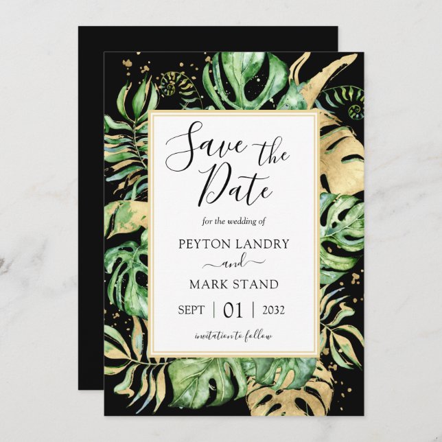 Tropical Leaves Modern Black & Gold Frame Save The Date (Front/Back)