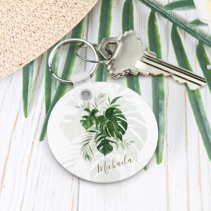 Tropical Leaves Modern Elegant Script Personalised Key Ring
