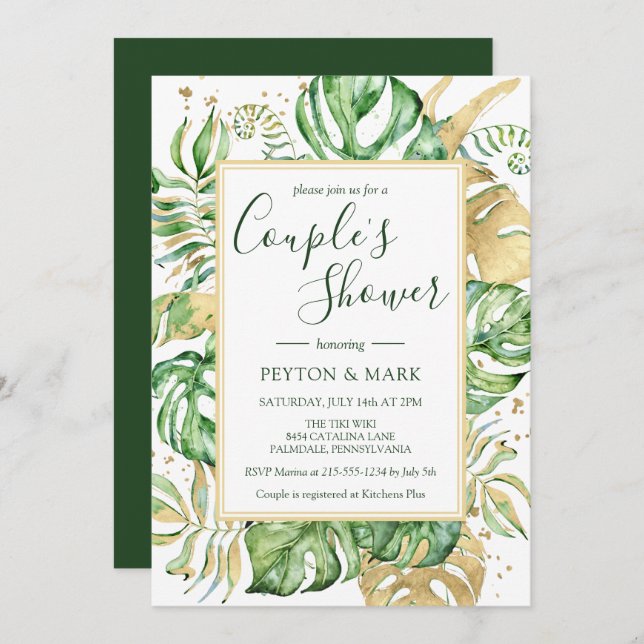 Tropical Leaves Modern Gold Frame Couple's Shower  Invitation (Front/Back)