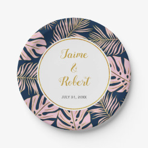 Tropical leaves modern pink, gold navy wedding paper plate