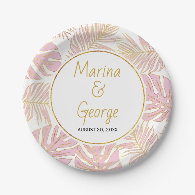 Tropical leaves modern pink, gold wedding paper plate (Front)