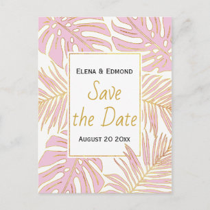 Tropical leaves modern pink wedding Save the Date Announcement Postcard