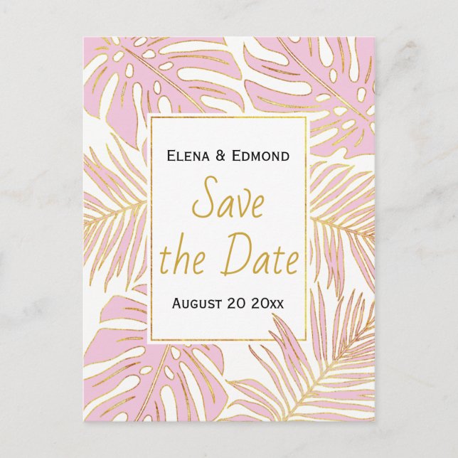 Tropical leaves modern pink wedding Save the Date Announcement Postcard (Front)