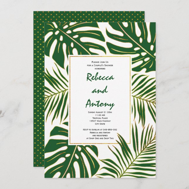 Tropical leaves modern wedding couples shower invitation (Front/Back)