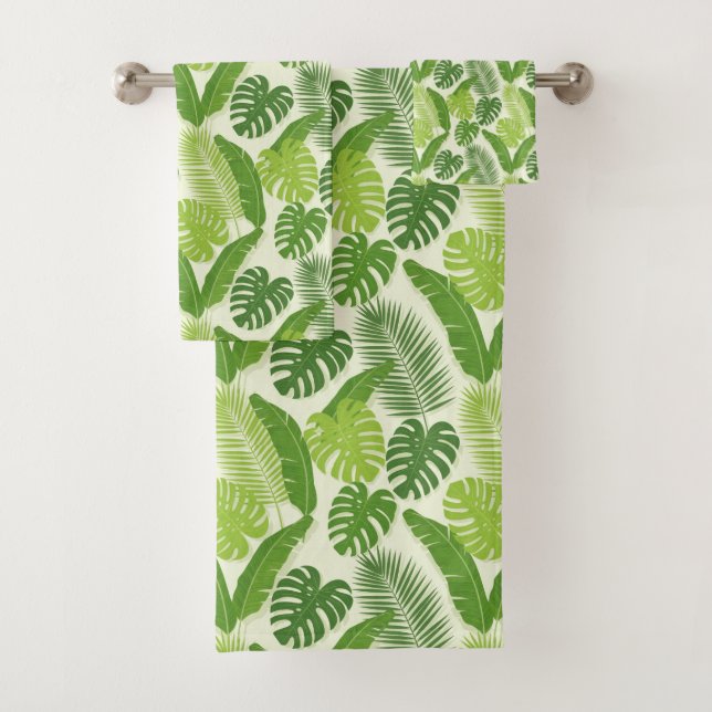 Tropical Leaves & Monstera Seamless Pattern Bath Towel Set (Insitu)