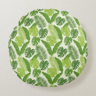 Tropical Leaves & Monstera Seamless Pattern Round Cushion