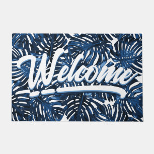 Tropical Leaves  Navy Blue White Script Welcome Doormat