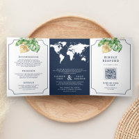 Tropical Leaves Navy World Map All in One Wedding