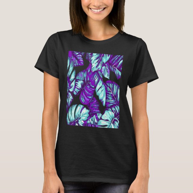 Tropical Leaves Of Banana and Monstera Blue Pink C T-Shirt (Front)