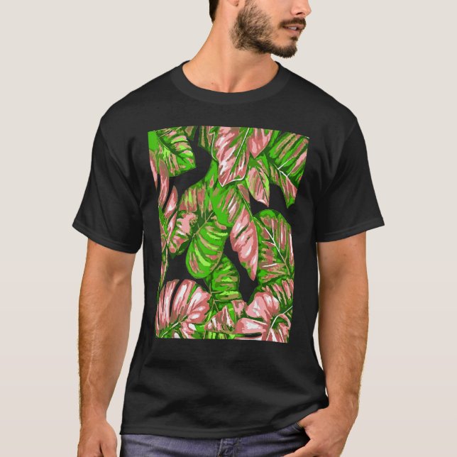 Tropical Leaves Of Banana and Monstera Pink Green  T-Shirt (Front)