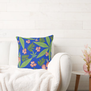 Tropical Leaves on Blue Cushion