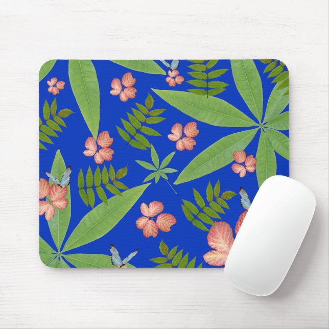 Tropical Leaves on Blue Mouse Pad (With Mouse)