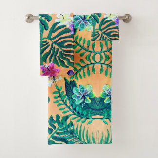 tropical leaves on orange bath towel set