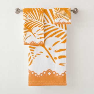 Tropical Leaves Orange Backed in White Fancy Trim Bath Towel Set