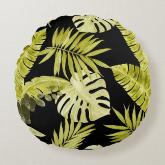 Tropical leaves, orchids, watercolor pattern. round cushion