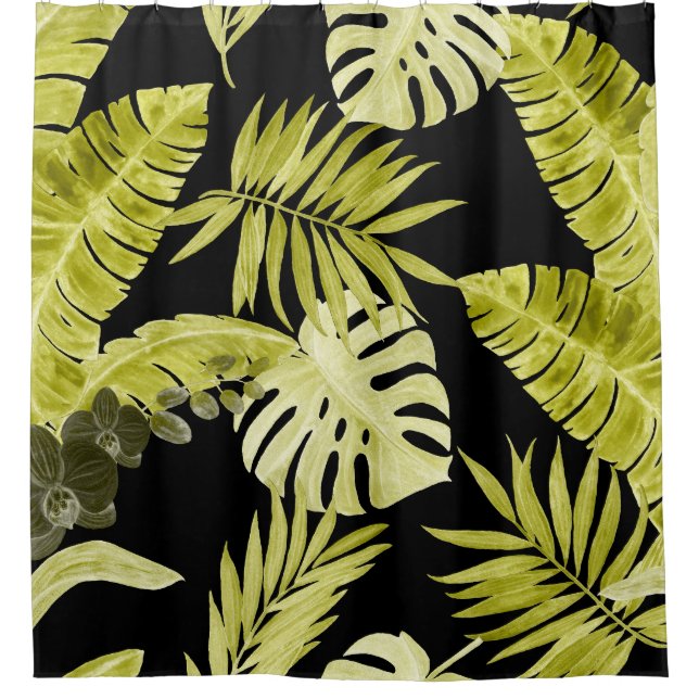 Tropical leaves, orchids, watercolor pattern. shower curtain (Front)
