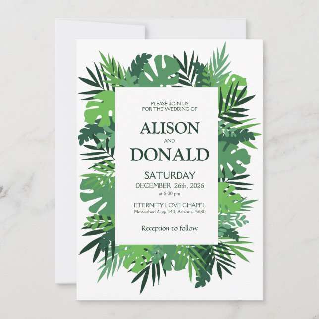 Tropical leaves palm foliage floral wedding invitation (Front)