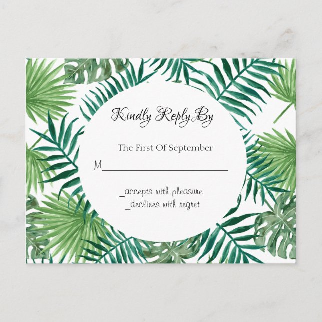 Tropical Leaves Palm Wedding RSVP Postcard (Front)