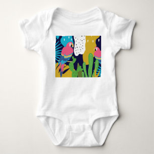 Tropical leaves, parrots: summer background. baby bodysuit
