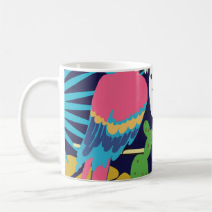 Tropical leaves, parrots: summer background. coffee mug