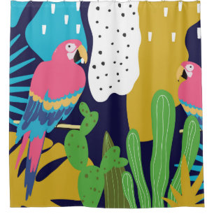 Tropical leaves, parrots: summer background. shower curtain