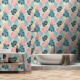 Tropical Leaves Pastel Turquoise Pink Yellow Wallpaper