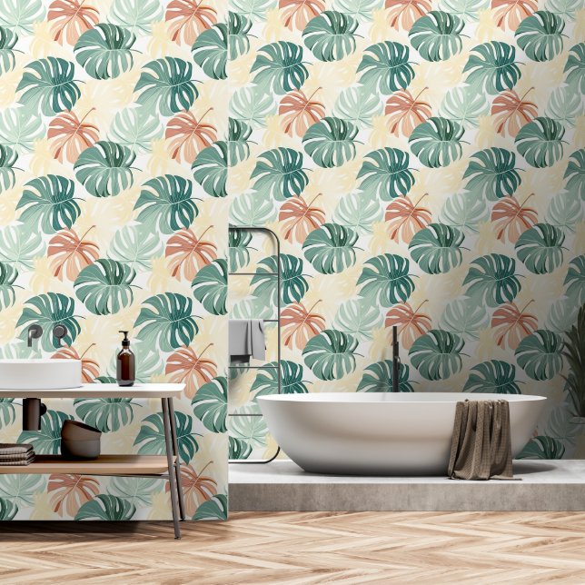 Tropical Leaves Pastel Yellow Pink Green Wallpaper (Bathroom)