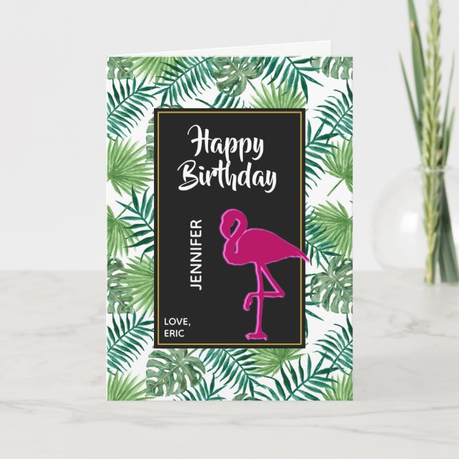 Tropical Leaves Pattern and Pink Flamingo Birthday Card (Front)