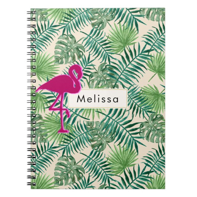 Tropical Leaves Pattern and Pink Flamingo Custom Spiral Notebook (Front)