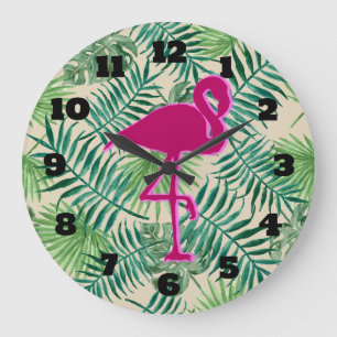 Tropical Leaves Pattern and Pink Flamingo Large Clock