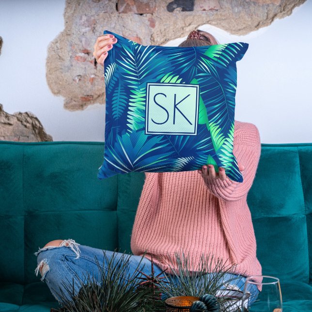 Tropical Leaves Pattern Custom Initial Modern Cushion (Creator Uploaded)