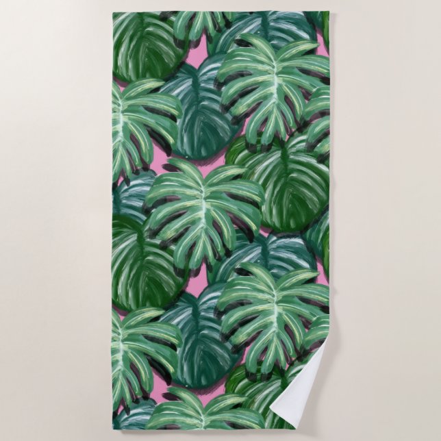 Tropical Leaves Pattern - Green Foliage Beach Towel (Front)