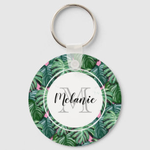 Tropical Leaves Pattern - Green Foliage Monogram Key Ring