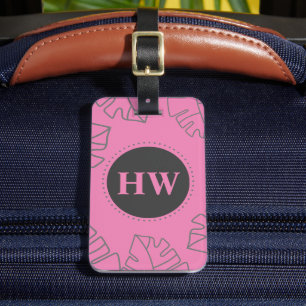 Tropical Leaves Pattern Pink & Grey Monogram Luggage Tag