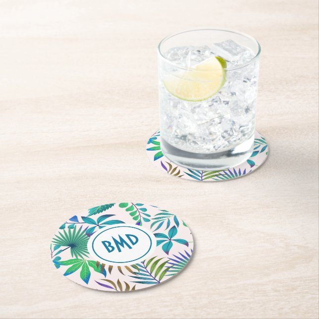 Tropical leaves pattern round paper coaster (Insitu)