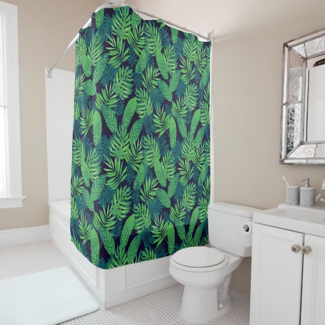 Tropical Leaves Pattern Shower Curtain (In Situ)