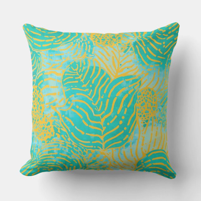 Tropical Leaves Pattern Yellow green turquoise Cushion (Front)