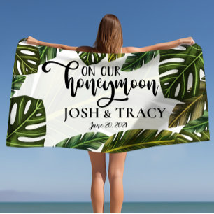 Tropical Leaves Personalised Names Honeymoon Gifts Beach Towel