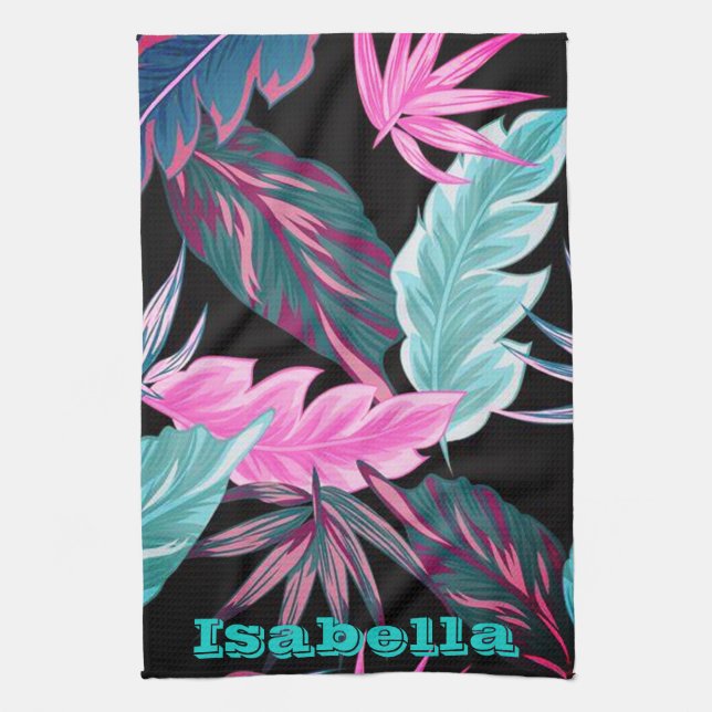 Tropical leaves personalised  tea towel (Vertical)