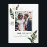 Tropical Leaves Photo Wedding Save the Date Announcement Postcard<br><div class="desc">This wedding photo save the date invitation postcard features watercolor green tropical foliage,  palm tree leaves,  banana leaves with faux gold leaves accents .  It's perfect for a beach or destination wedding. >>> Check out the entire collection >>>  https://www.zazzle.com/collections/tropical_foliage_green_collection-119021829937676776</div>