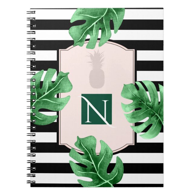 Tropical Leaves & Pineapple Elegant Chic Monogram Notebook (Front)