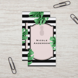 Tropical Leaves & Pineapple Elegant Modern Striped Business Card