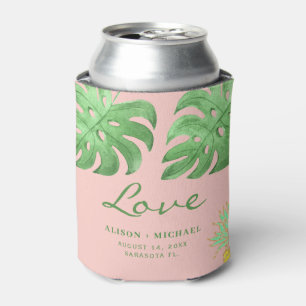 Tropical leaves pineapple green beach wedding can cooler