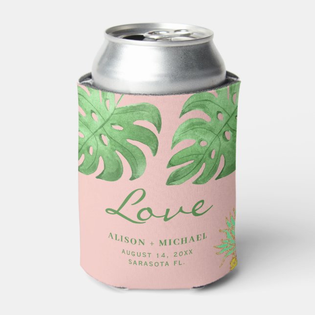 Tropical leaves pineapple green beach wedding can cooler (Can Front)