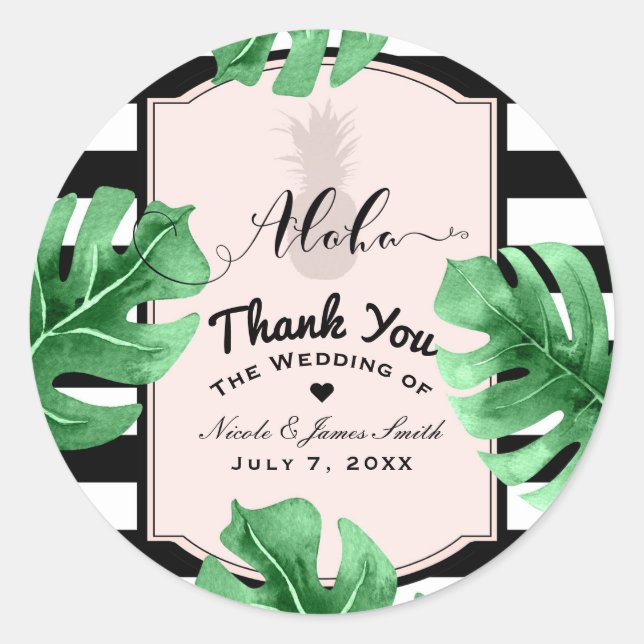 Tropical Leaves & Pineapple Wedding Elegant Favour Classic Round Sticker (Front)