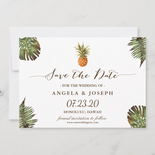 Tropical Leaves Pineapple Wedding Save the Date (Front)