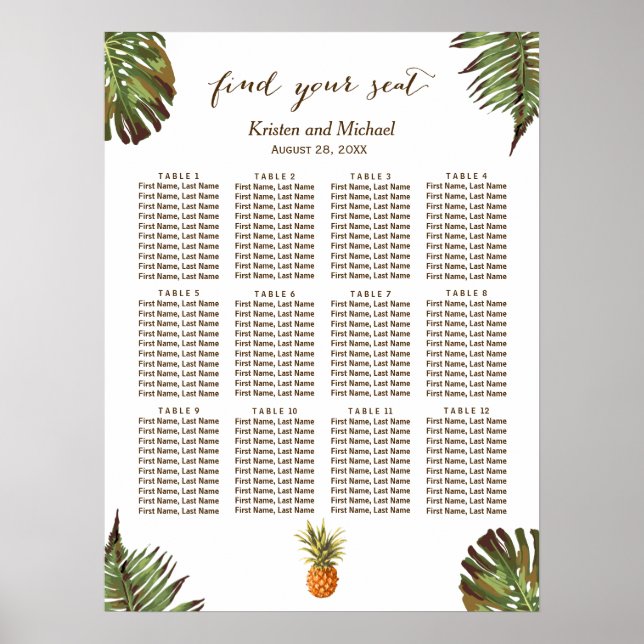 Tropical Leaves Pineapple Wedding Seating Chart (Front)