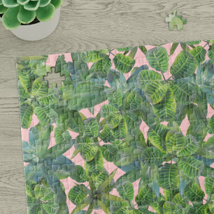 Tropical Leaves Pink and Green Jigsaw Puzzle